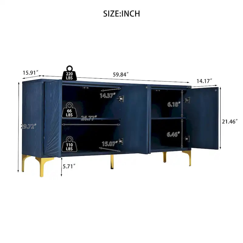 Multifunktionaler Aufbewahrungsschrank, Sideboard mit vier Türen und einzigartiger Struktur, verstellbare Regalböden