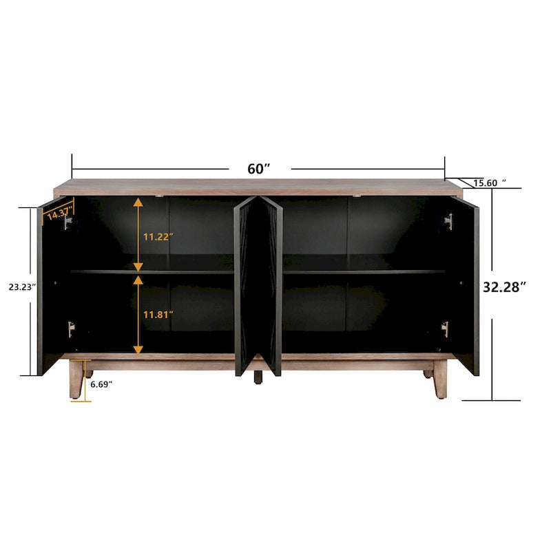 Sideboard-Buffetschrank im Mid-Century-Stil mit Massivholzbeinen, 60 Küchen-Aufbewahrungsschrank mit 4 Türen und 2 Regalböden