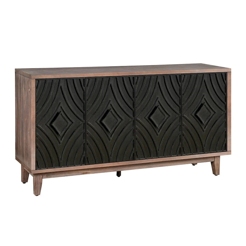 Sideboard-Buffetschrank im Mid-Century-Stil mit Massivholzbeinen, 60 Küchen-Aufbewahrungsschrank mit 4 Türen und 2 Regalböden
