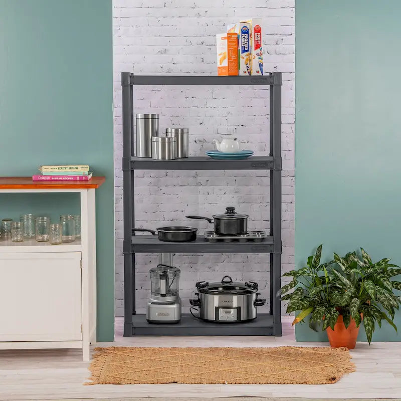 Gray 4-Shelf Plastic Storage Shelving Unit - 34.5x14.4x57 in, 50 lb per Shelf, 3-Pack
