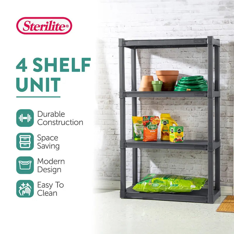 Gray 4-Shelf Plastic Storage Shelving Unit - 34.5x14.4x57 in, 50 lb per Shelf, 3-Pack