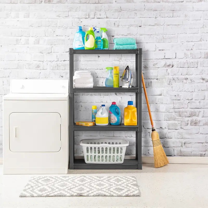 Gray 4-Shelf Plastic Storage Shelving Unit - 34.5x14.4x57 in, 50 lb per Shelf, 3-Pack