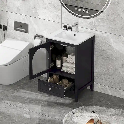 Conjunto de mueble de baño de 20 pulgadas con lavabo, mueble de baño moderno, armario de baño compacto para espacios reducidos con puerta de vidrio y cajón