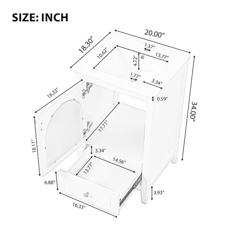 20-Zoll-Waschtischunterschrank mit Waschbecken, modernes Badmöbel, kompakter Badezimmerschrank mit Glastür und Schublade