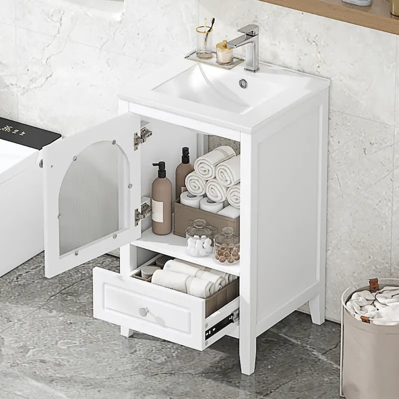 20-Zoll-Waschtischunterschrank mit Waschbecken, modernes Badmöbel, kompakter Badezimmerschrank mit Glastür und Schublade