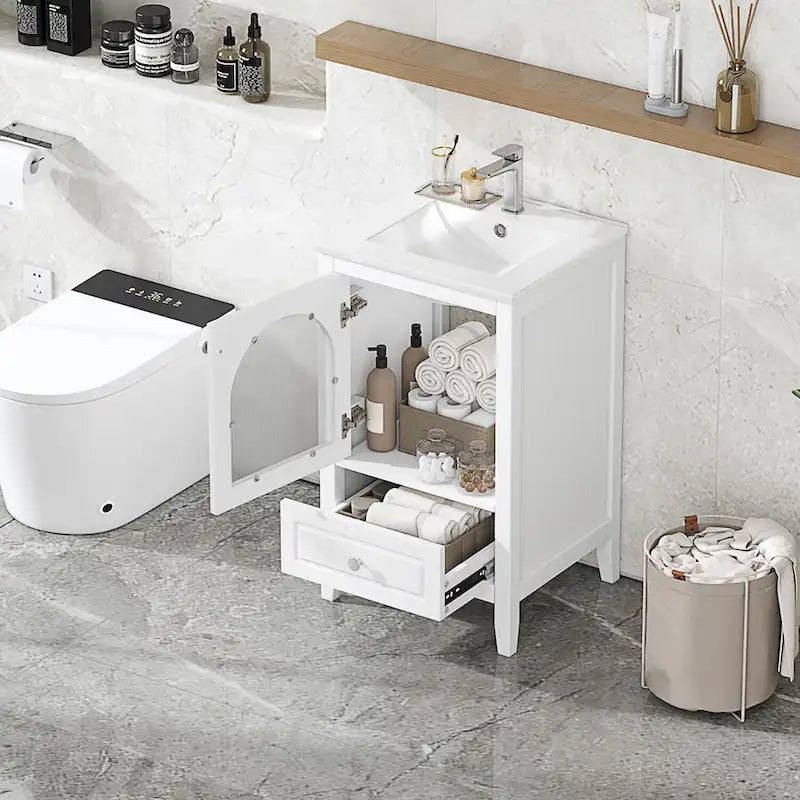 20-Zoll-Waschtischunterschrank mit Waschbecken, modernes Badmöbel, kompakter Badezimmerschrank mit Glastür und Schublade