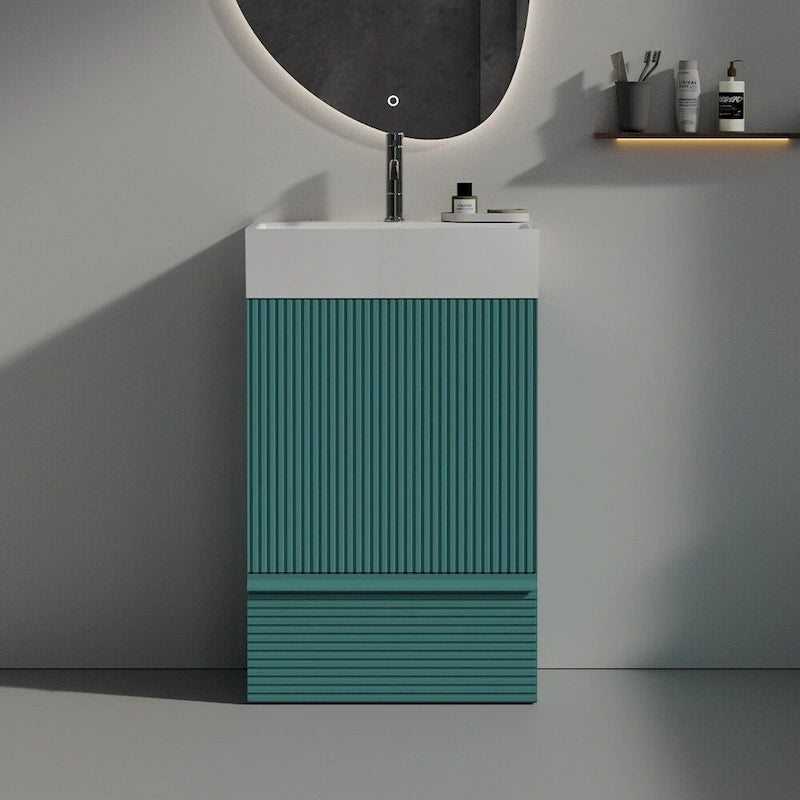 Mobile bagno con lavabo singolo, moderno mobile freestanding con motivo a griglia e maniglia nascosta, mobile bagno in legno