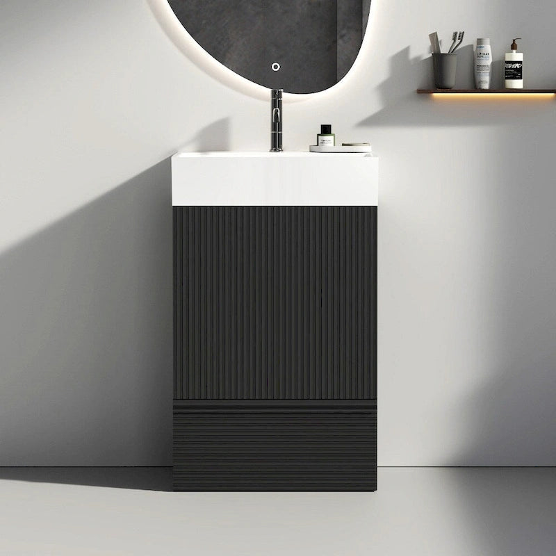 Mobile bagno con lavabo singolo, moderno mobile freestanding con motivo a griglia e maniglia nascosta, mobile bagno in legno