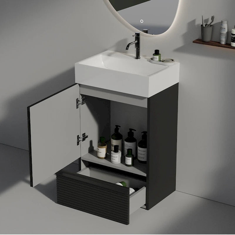 Mobile bagno con lavabo singolo, moderno mobile freestanding con motivo a griglia e maniglia nascosta, mobile bagno in legno
