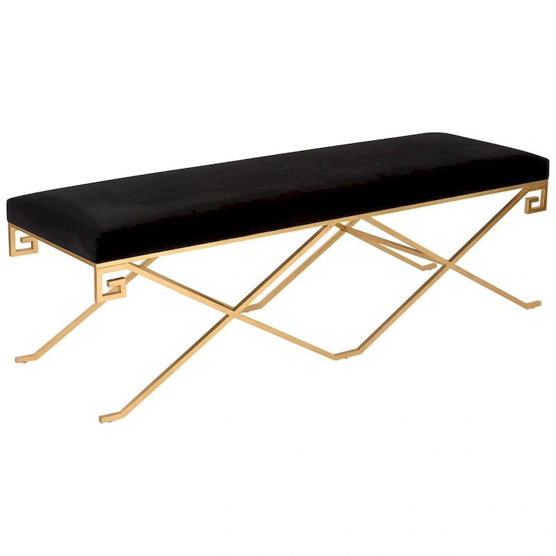 Schwarze Samtbank im Glamour-Stil mit Metallgestell in Goldblattoptik - 59B x 21T x 20H