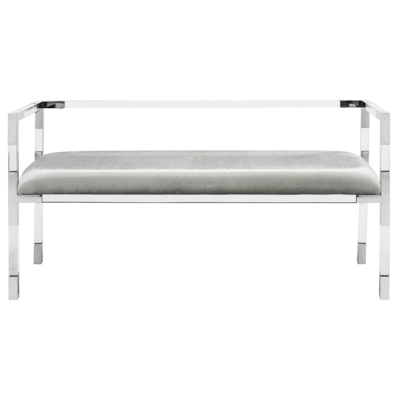 Graue Acryl-Sitzbank mit Details in Messingoptik und gepolsterter Sitzfläche - 50W x 18D x 26H