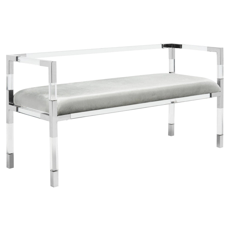 Graue Acryl-Sitzbank mit Details in Messingoptik und gepolsterter Sitzfläche - 50W x 18D x 26H