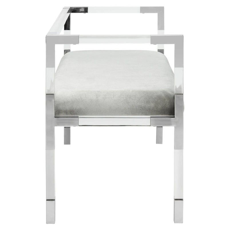 Graue Acryl-Sitzbank mit Details in Messingoptik und gepolsterter Sitzfläche - 50W x 18D x 26H
