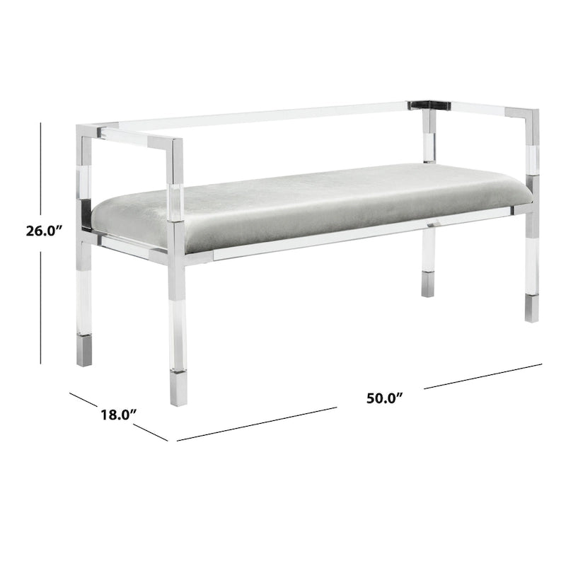 Graue Acryl-Sitzbank mit Details in Messingoptik und gepolsterter Sitzfläche - 50W x 18D x 26H