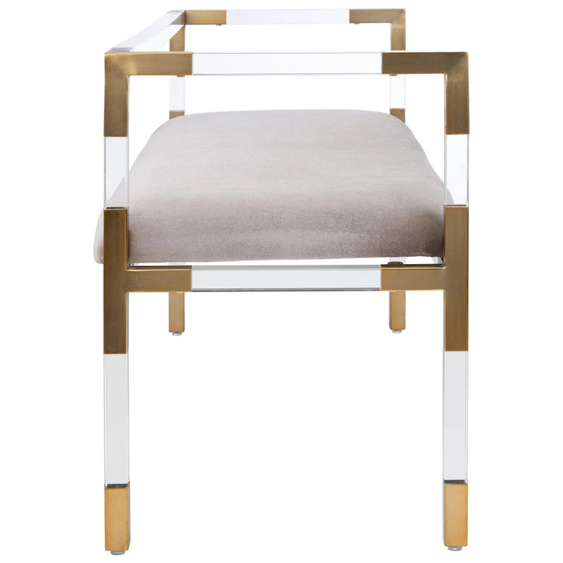 Graue Acryl-Sitzbank mit Details in Messingoptik und gepolsterter Sitzfläche - 50W x 18D x 26H