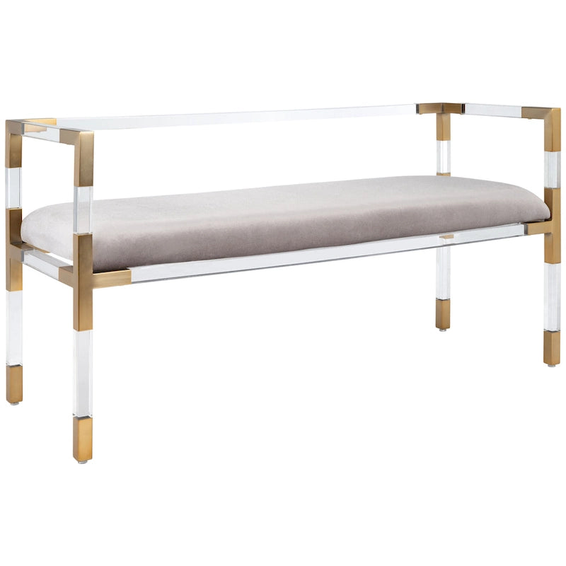 Graue Acryl-Sitzbank mit Details in Messingoptik und gepolsterter Sitzfläche - 50W x 18D x 26H