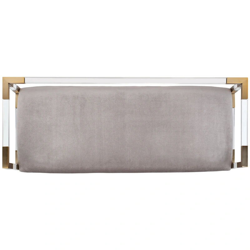 Graue Acryl-Sitzbank mit Details in Messingoptik und gepolsterter Sitzfläche - 50W x 18D x 26H