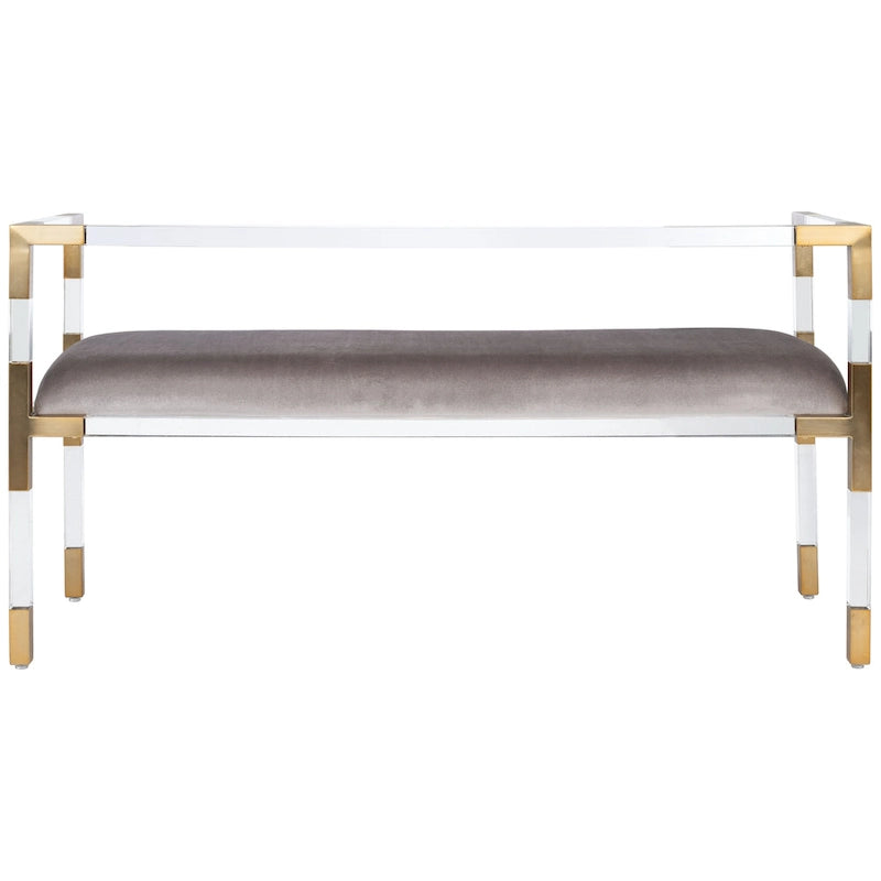 Graue Acryl-Sitzbank mit Details in Messingoptik und gepolsterter Sitzfläche - 50W x 18D x 26H