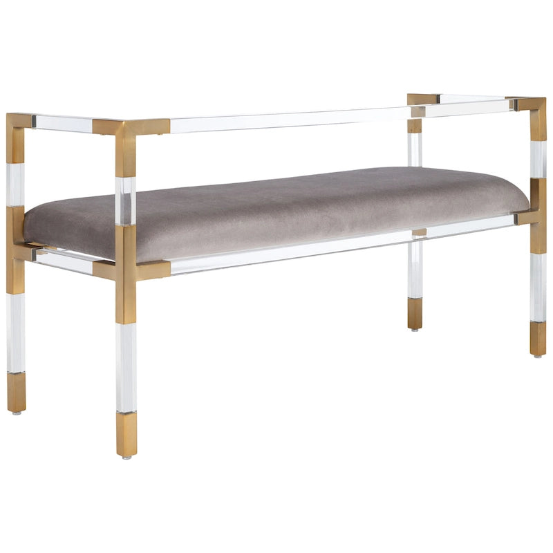 Graue Acryl-Sitzbank mit Details in Messingoptik und gepolsterter Sitzfläche - 50W x 18D x 26H