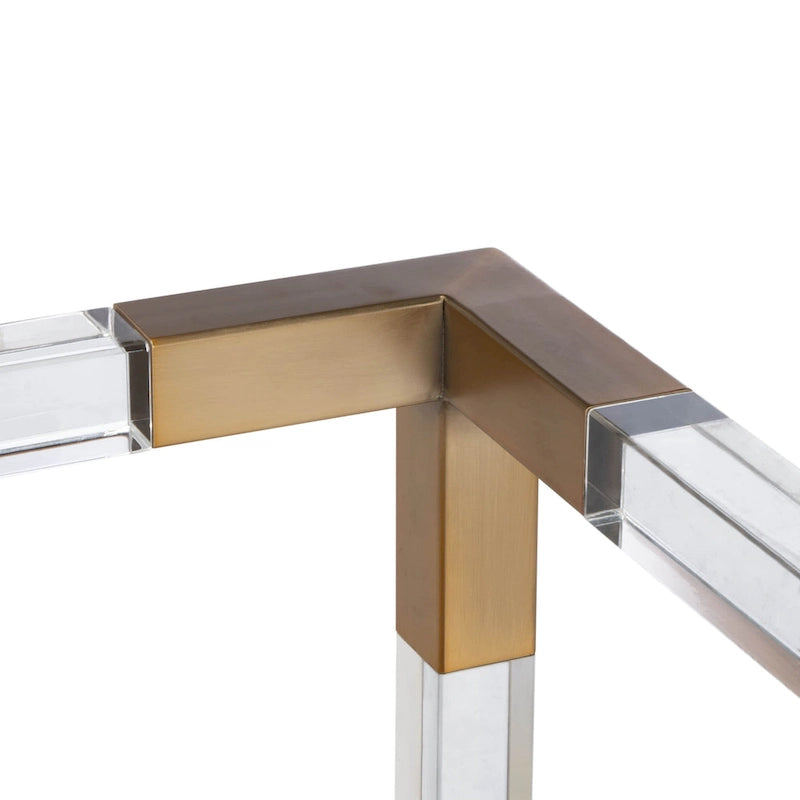 Graue Acryl-Sitzbank mit Details in Messingoptik und gepolsterter Sitzfläche - 50W x 18D x 26H
