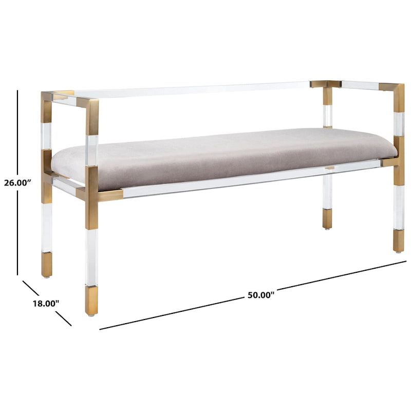 Graue Acryl-Sitzbank mit Details in Messingoptik und gepolsterter Sitzfläche - 50W x 18D x 26H