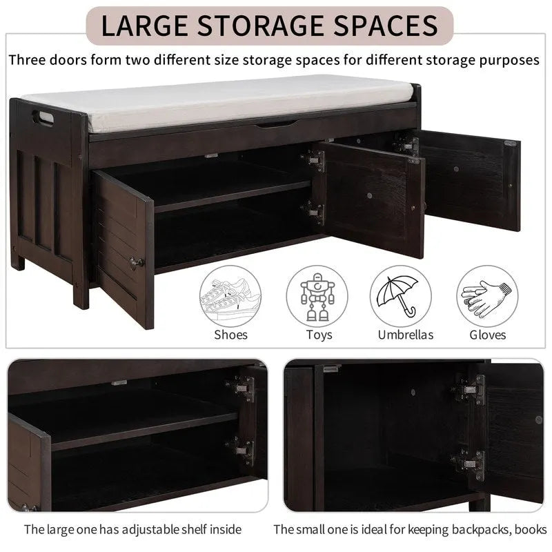 Wooden shoe storage stool with cushioned entrance bench with built-in adjustable shelf and flip top