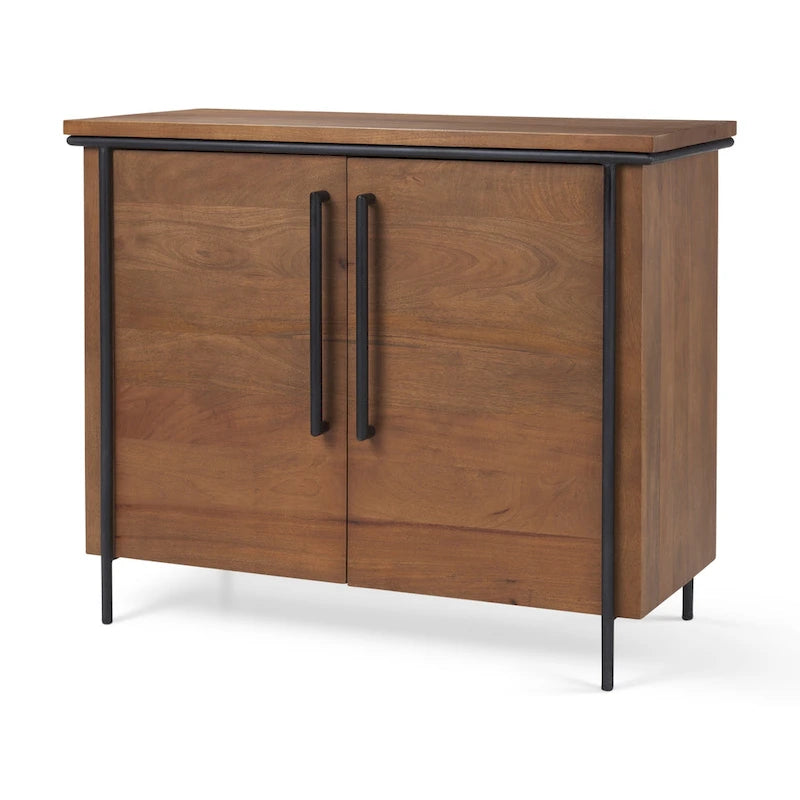 Maddox Medium Brown Solid Wood w/ Black Iron Frame & 2 Door Accent Cabinet