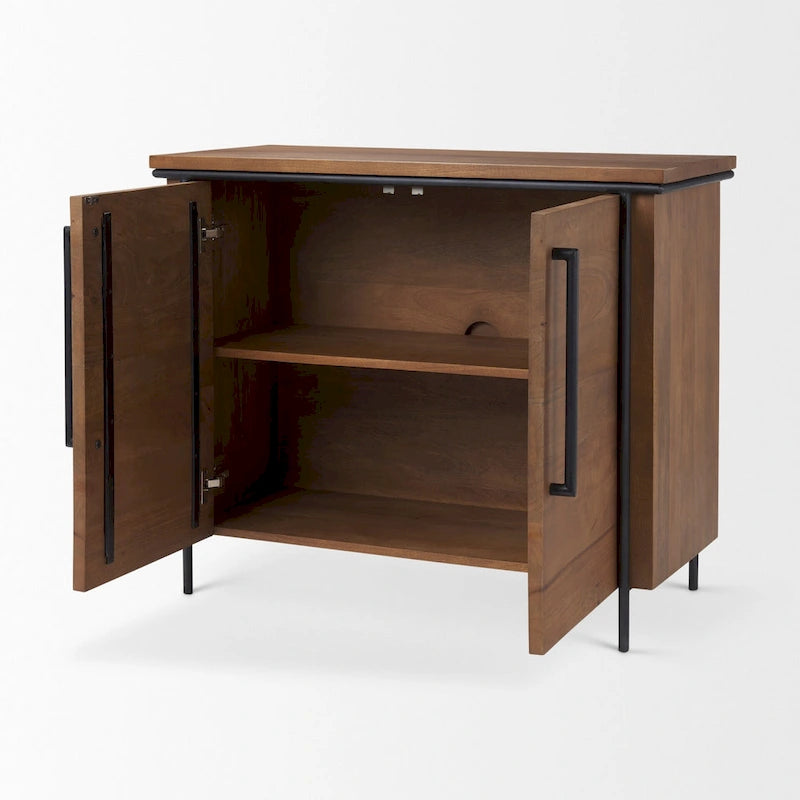 Akzentschrank aus Massivholz mit schwarzem Eisenrahmen und 2 Türen - Mittelbraun