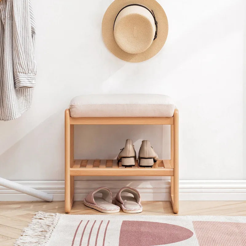 Banc à chaussures en bois avec rangement et coussin