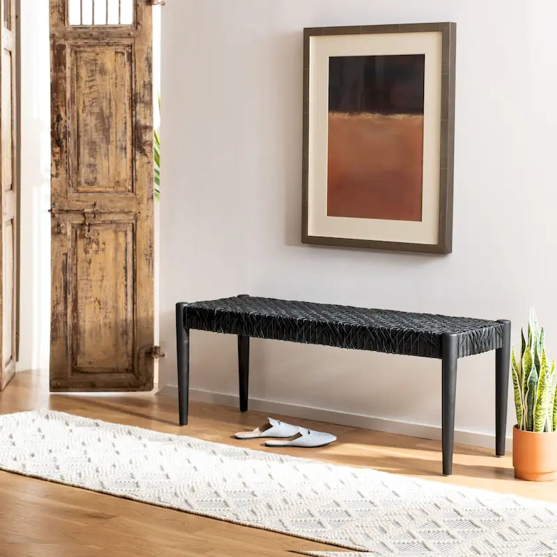 Bank aus verflochtenem Rindsleder und Teakholz - 47B x 16T x 19H