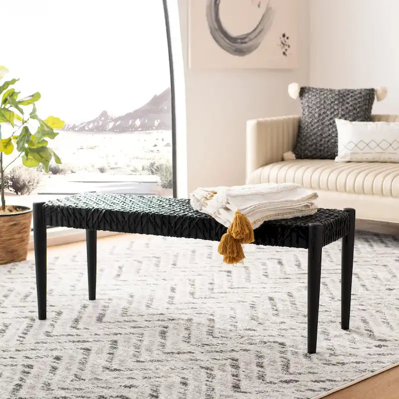 Bank aus verflochtenem Rindsleder und Teakholz - 47B x 16T x 19H