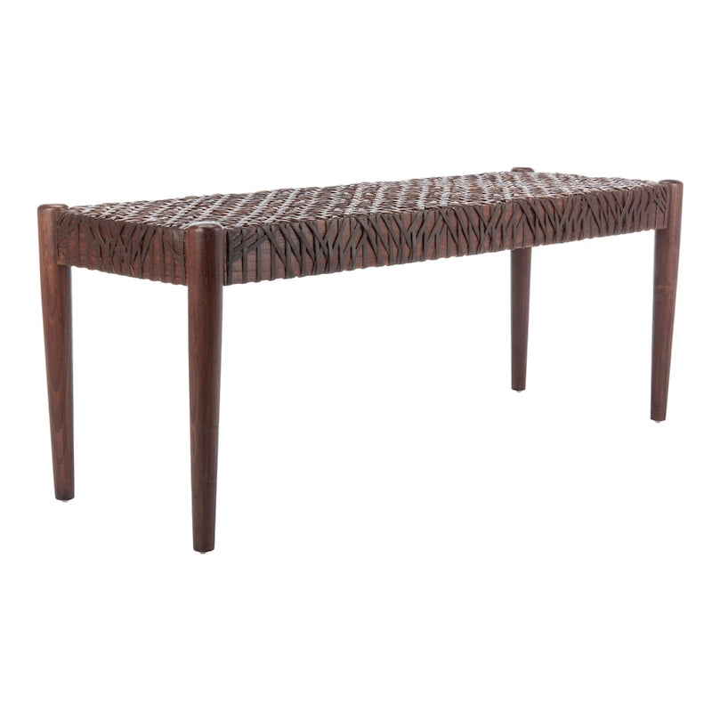 Bank aus verflochtenem Rindsleder und Teakholz - 47B x 16T x 19H