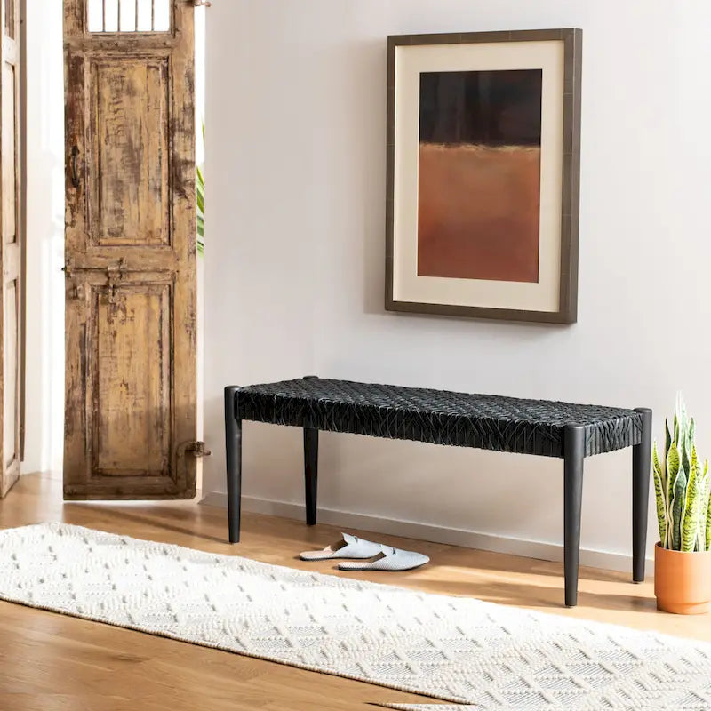 Bank aus verflochtenem Rindsleder und Teakholz - 47B x 16T x 19H