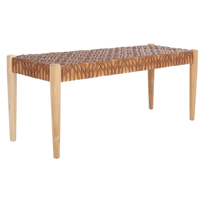 Bank aus verflochtenem Rindsleder und Teakholz - 47B x 16T x 19H