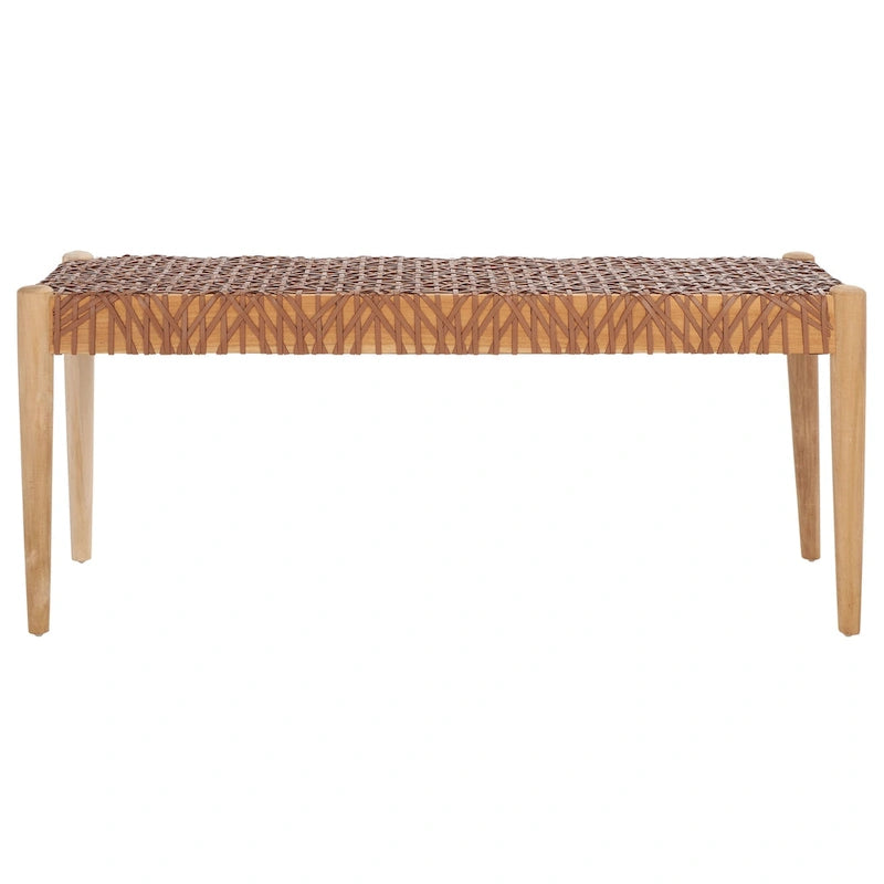 Bank aus verflochtenem Rindsleder und Teakholz - 47B x 16T x 19H