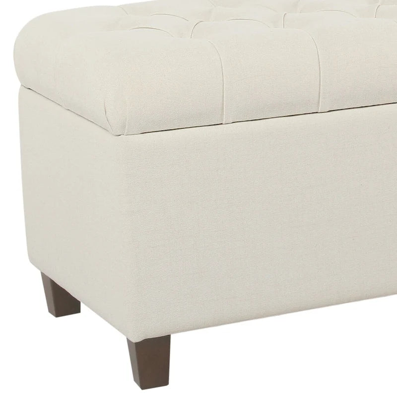 Gepolsterte Holzbank aus Stoff mit Knopfheftung und Klapp-Stauraum, Weiß und Braun - 18 H x 40 W x 18 L Inches