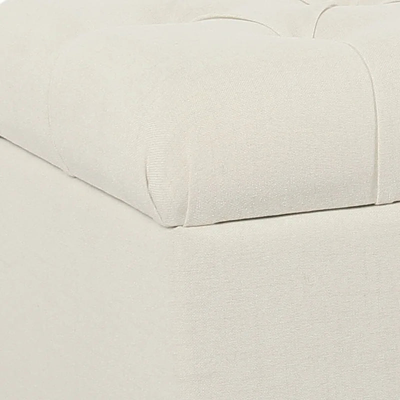 Gepolsterte Holzbank aus Stoff mit Knopfheftung und Klapp-Stauraum, Weiß und Braun - 18 H x 40 W x 18 L Inches