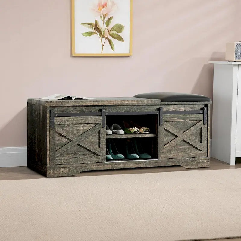 Banco de almacenamiento de madera de estilo granja vintage con puertas corredizas
