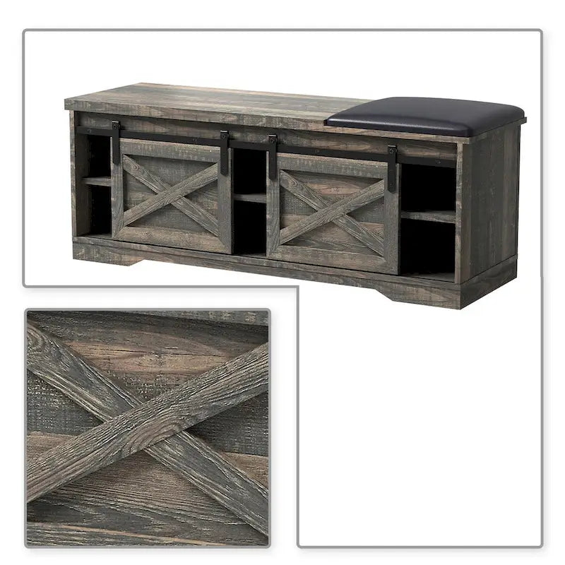Banco de almacenamiento de madera de estilo granja vintage con puertas corredizas