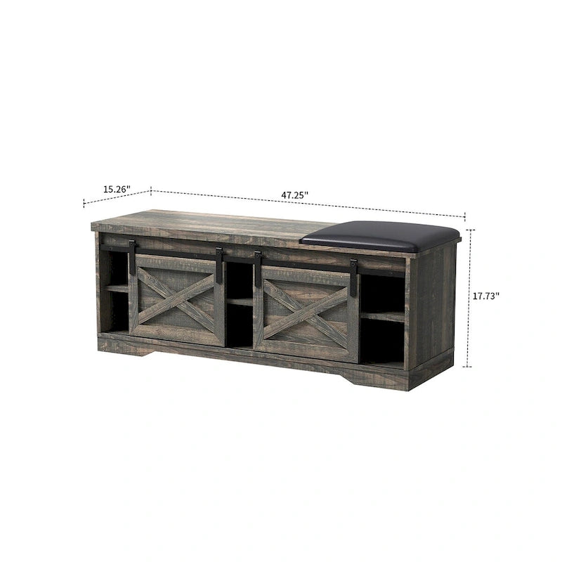 Banco de almacenamiento de madera de estilo granja vintage con puertas corredizas