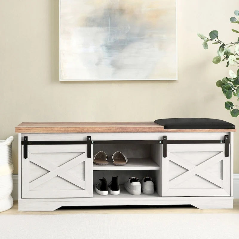Banco de almacenamiento de madera de estilo granja vintage con puertas corredizas