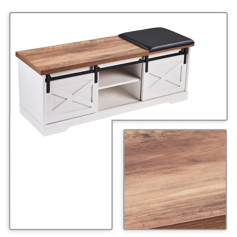 Banco de almacenamiento de madera de estilo granja vintage con puertas corredizas