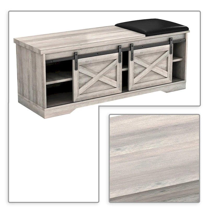 Banco de almacenamiento de madera de estilo granja vintage con puertas corredizas
