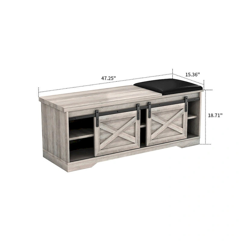 Banco de almacenamiento de madera de estilo granja vintage con puertas corredizas