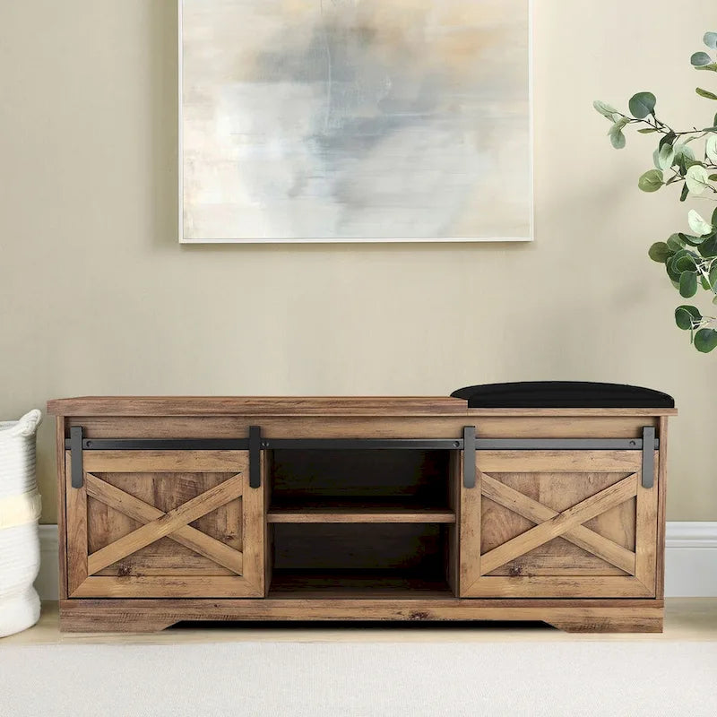Banco de almacenamiento de madera de estilo granja vintage con puertas corredizas