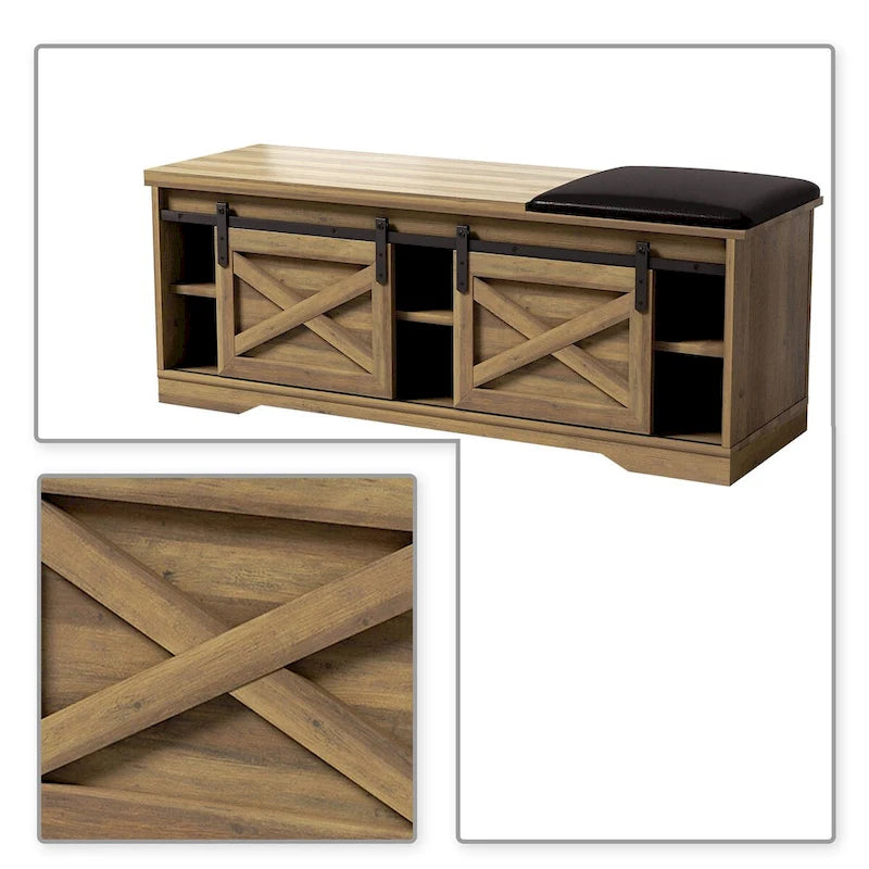 Banco de almacenamiento de madera de estilo granja vintage con puertas corredizas