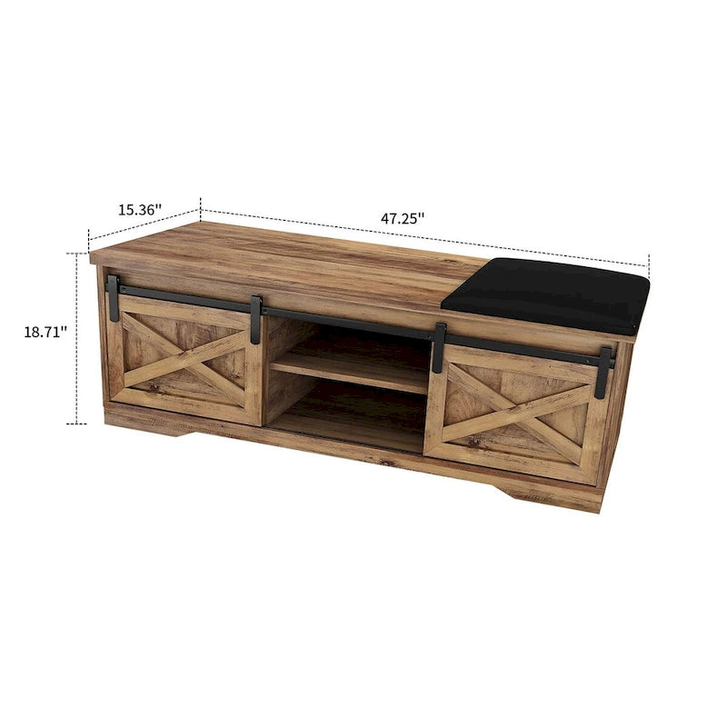 Banco de almacenamiento de madera de estilo granja vintage con puertas corredizas