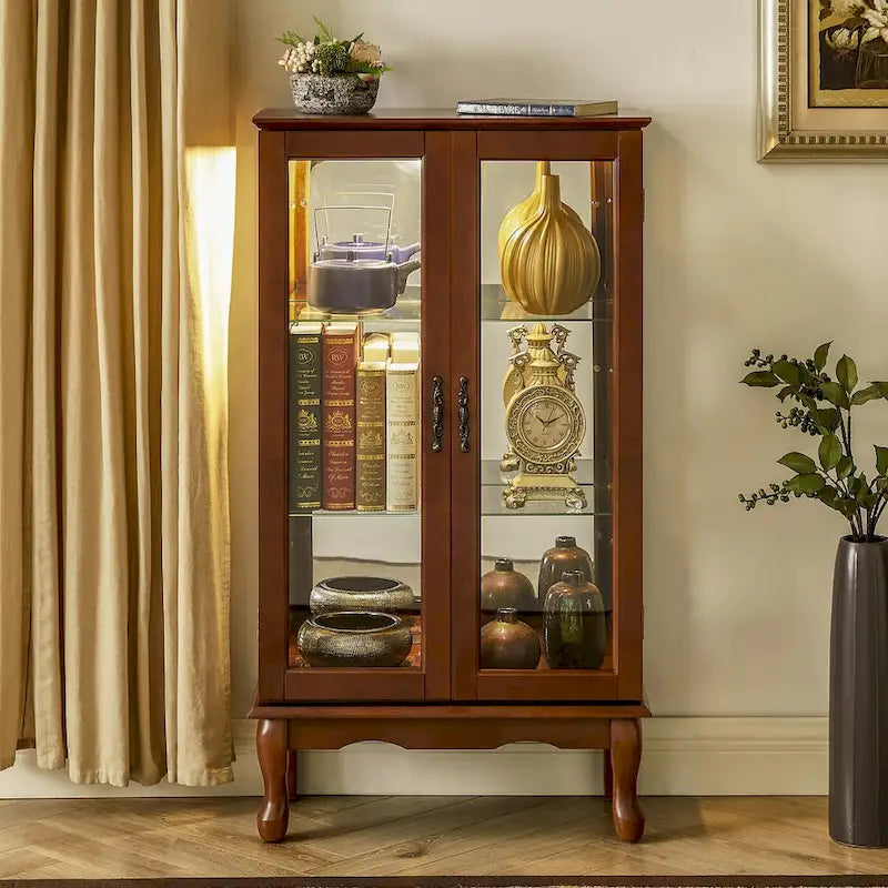 Curio Cabinet Lighted Curio Diapaly Cabinet with Adjustable Shelves and Mirrored Back Panel, Tempered Glass Doors