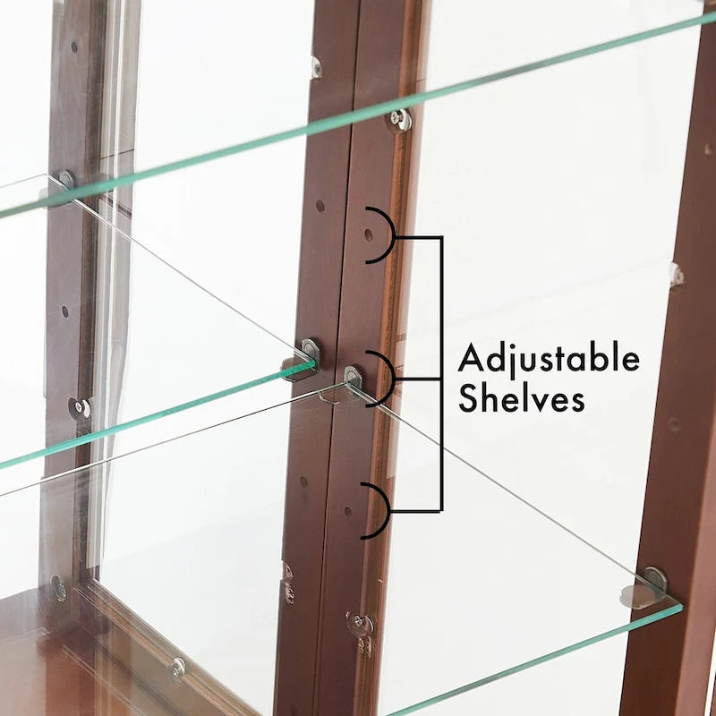 Beleuchtete Vitrine mit verstellbaren Regalböden, verspiegelter Rückwand und Türen aus gehärtetem Glas
