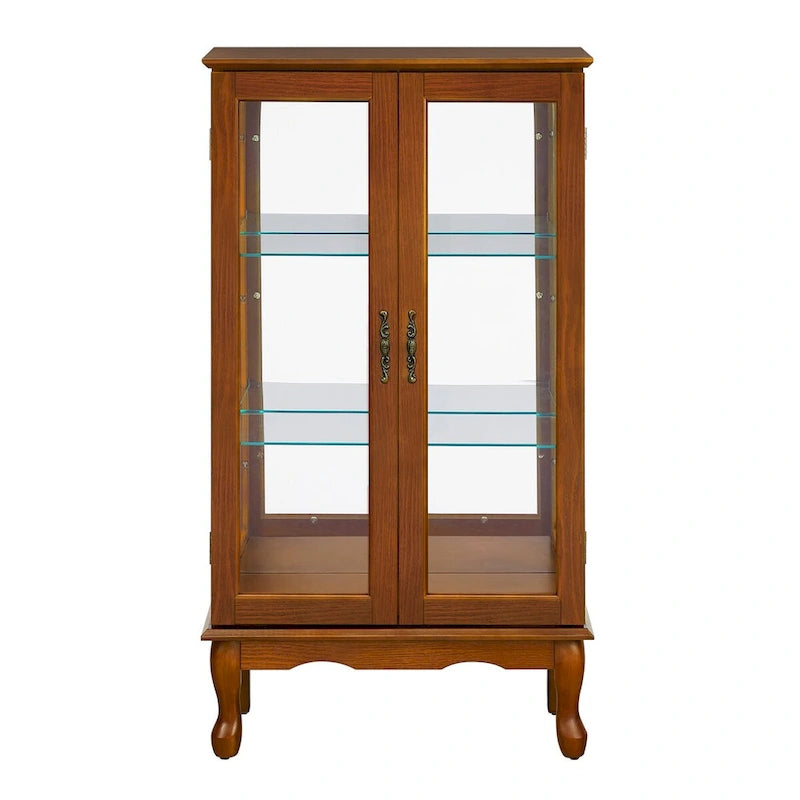 Beleuchtete Vitrine mit verstellbaren Regalböden, verspiegelter Rückwand und Türen aus gehärtetem Glas